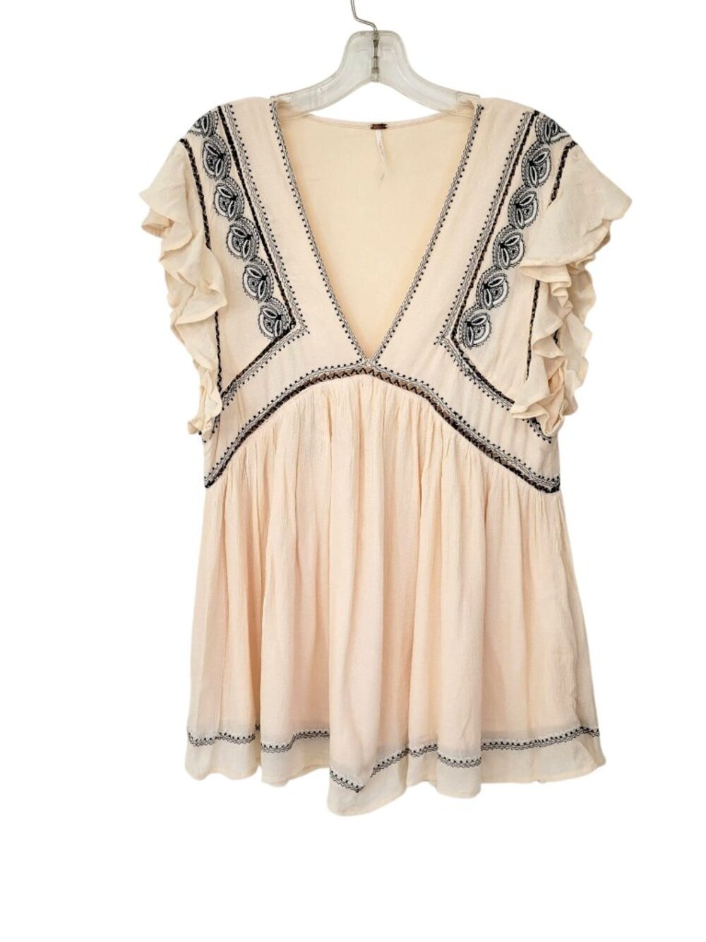 Free People Cream Top With Black Embroidery and Ruffles Women's Size M - Picture 6 of 6